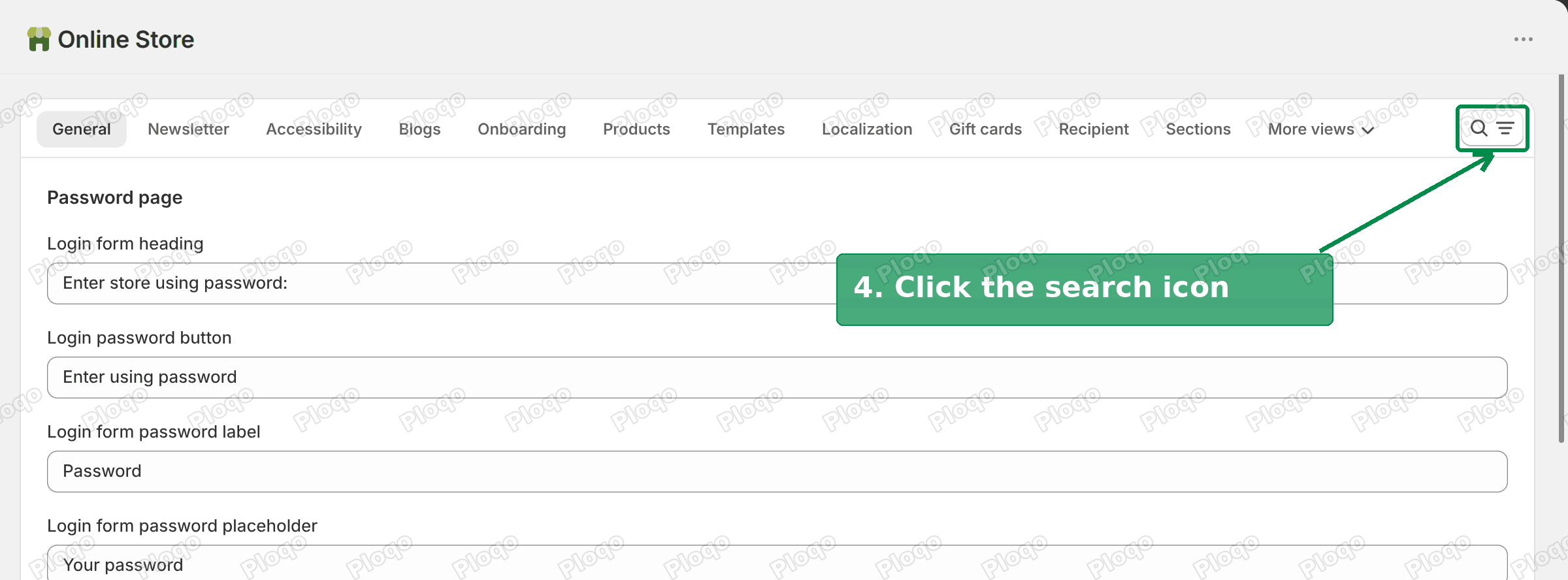 Edit default theme content page with the search icon highlighted