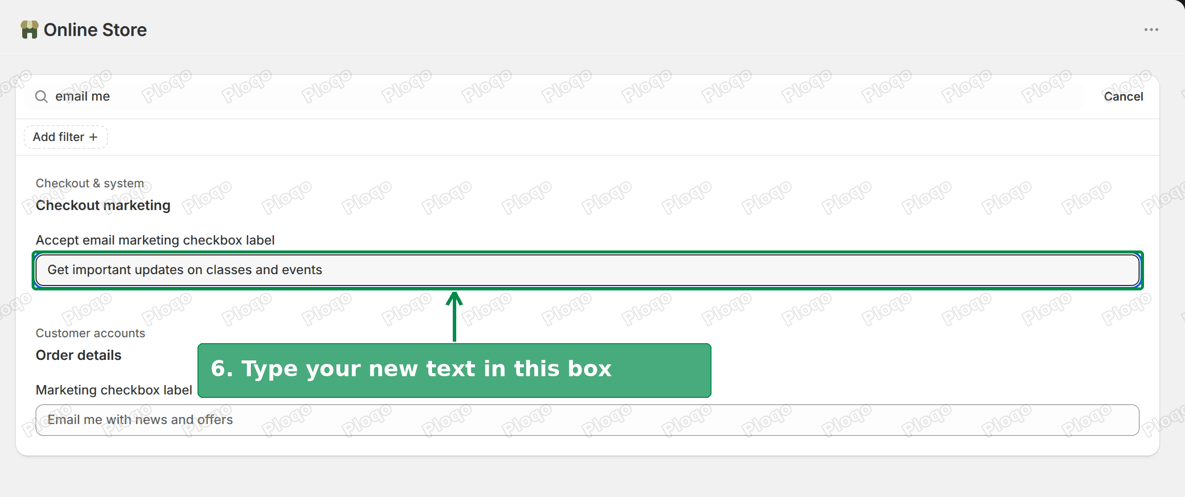 Typing new text into the Accept email marketing checkbox label field