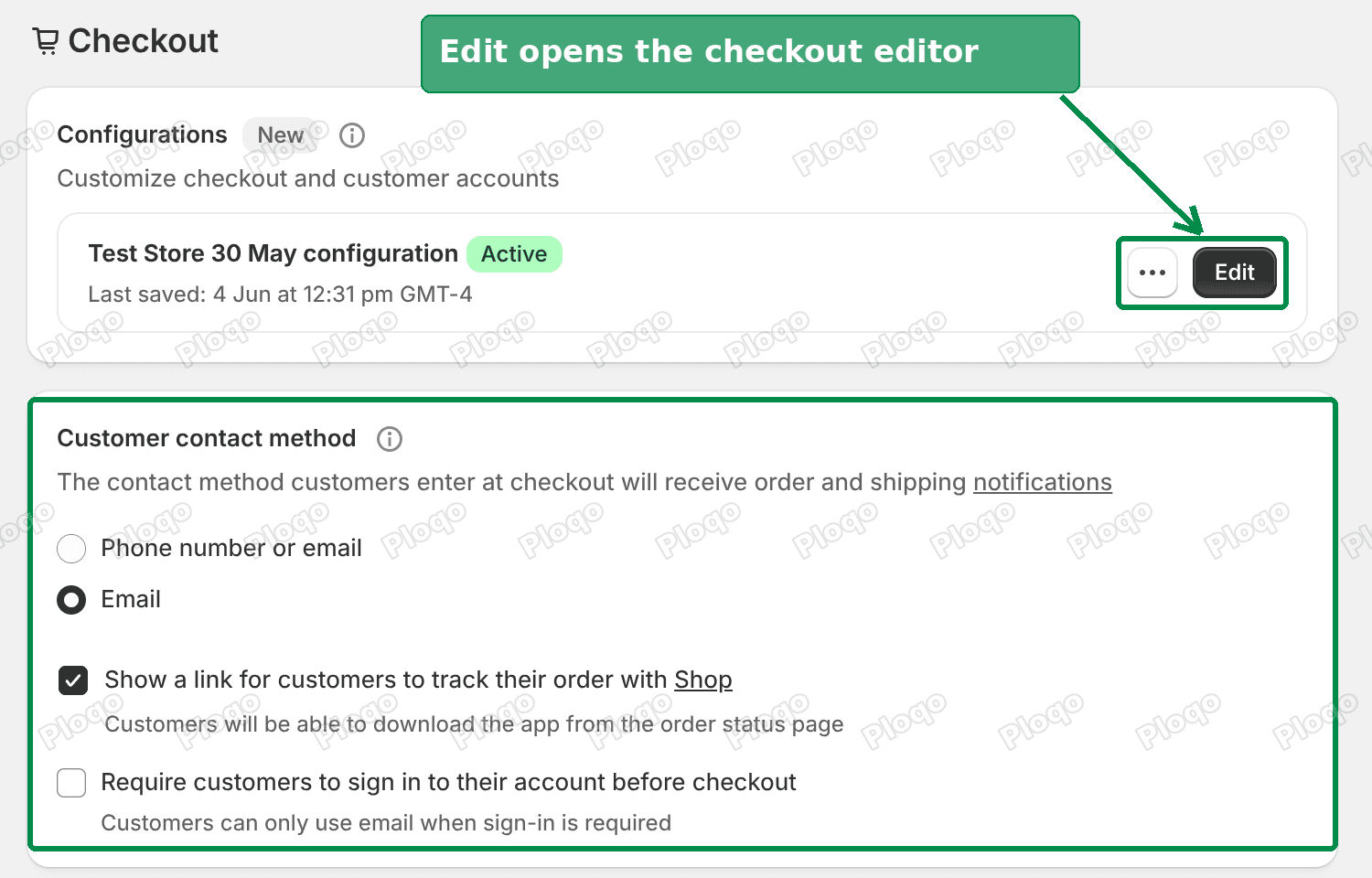 Settings, Checkout page with the Configurations Edit button and the contact method card