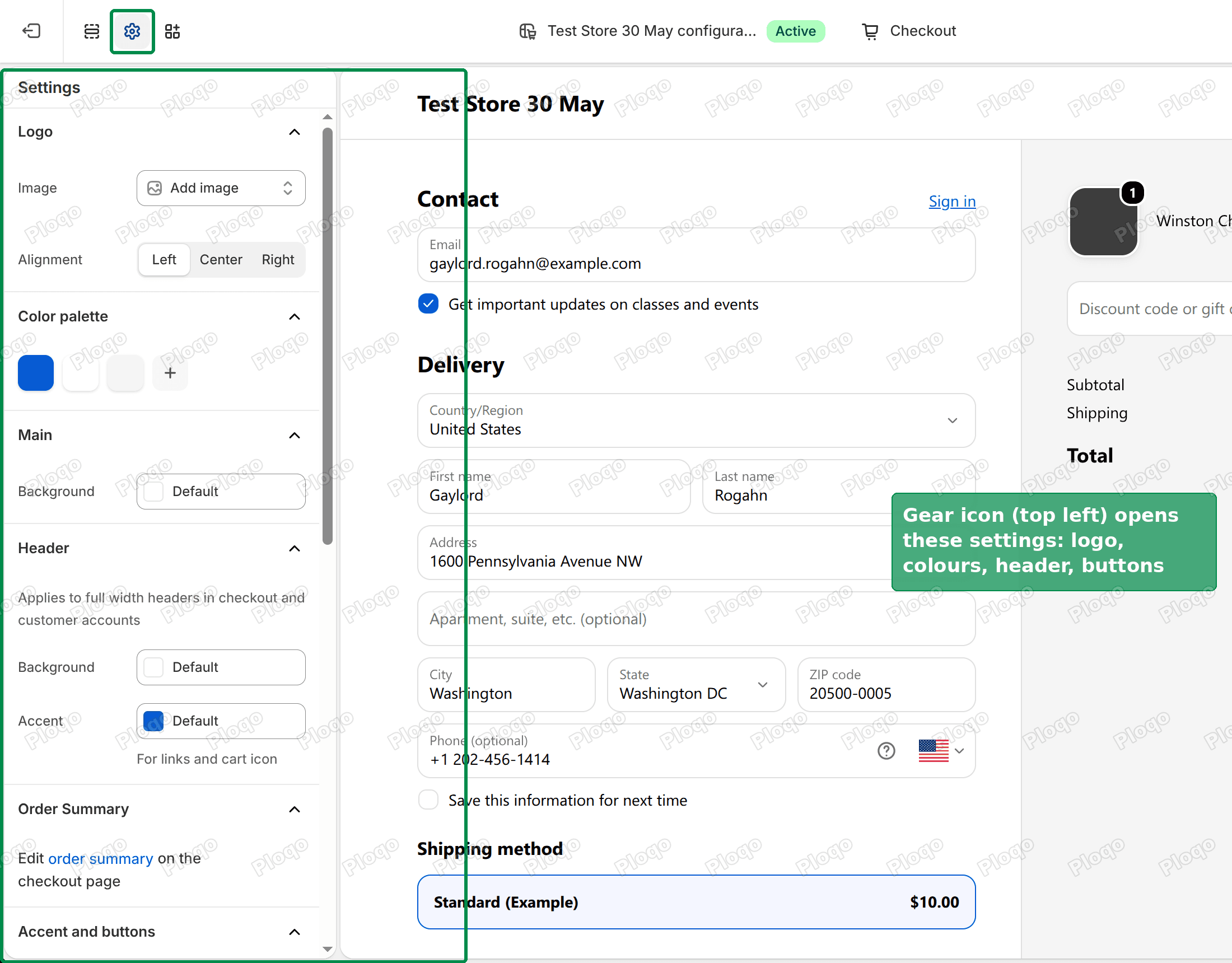 Shopify checkout editor with the Settings panel open