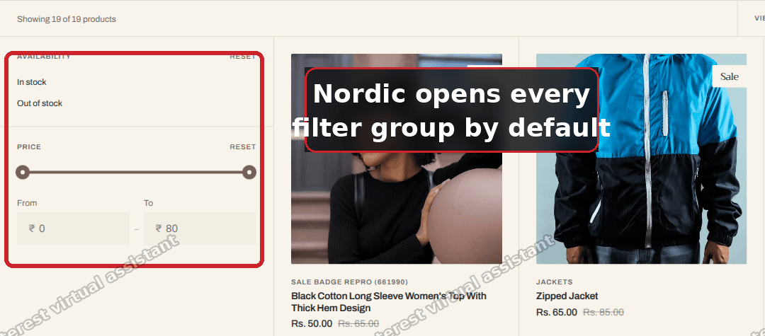 Nordic collection page with the Availability and Price filter groups both open by default