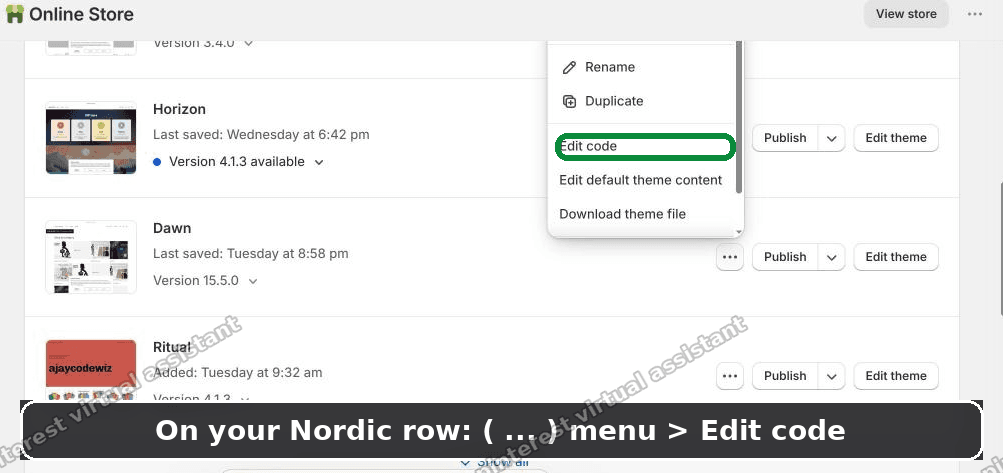 The Online Store Themes list with the three-dot menu open and Edit code highlighted on the Nordic row