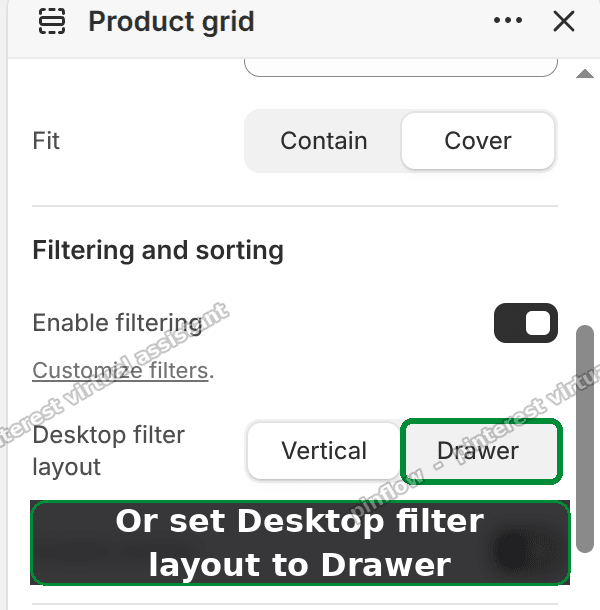 The Nordic Product grid settings in the theme editor, with Desktop filter layout set to Drawer