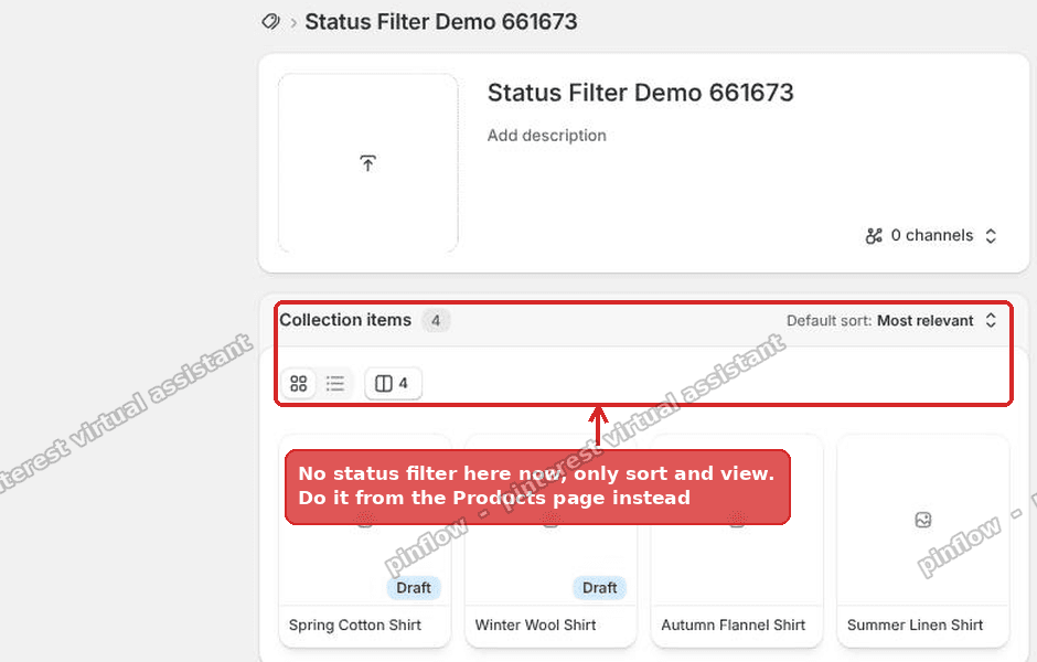 Shopify collection editor with no status filter, only a sort control and a view toggle
