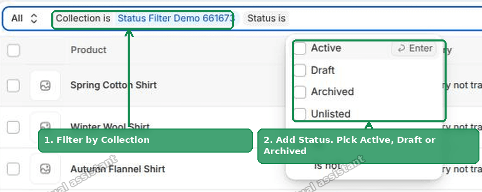 Shopify Products page with the Collection filter set and the Status dropdown open