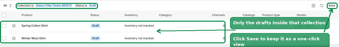 Shopify Products list showing only the draft products inside one collection