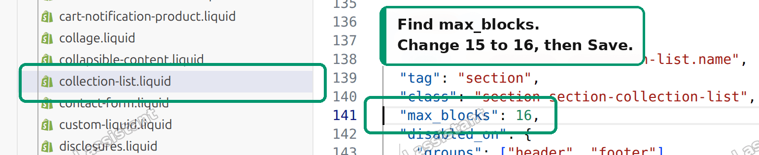 Editing collection-list.liquid to change max_blocks from 15 to 16