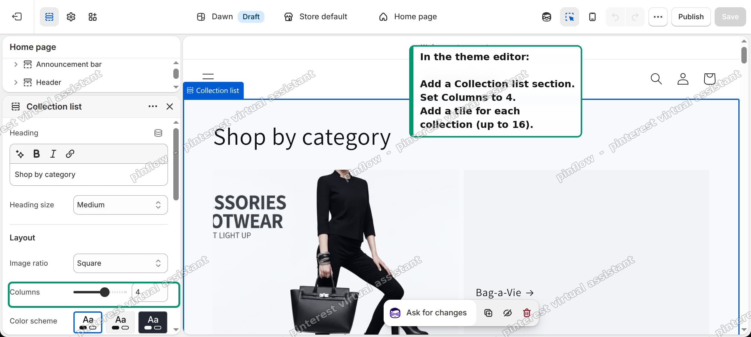 Adding a Collection list section and setting Columns to 4 in the Dawn theme editor