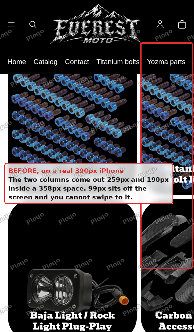 Shopify collection cards at a 390px phone width, with the right column cut off the screen