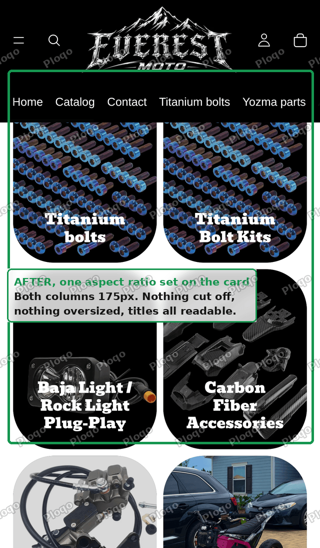 Shopify collection cards with one aspect ratio set, showing two even columns and nothing clipped