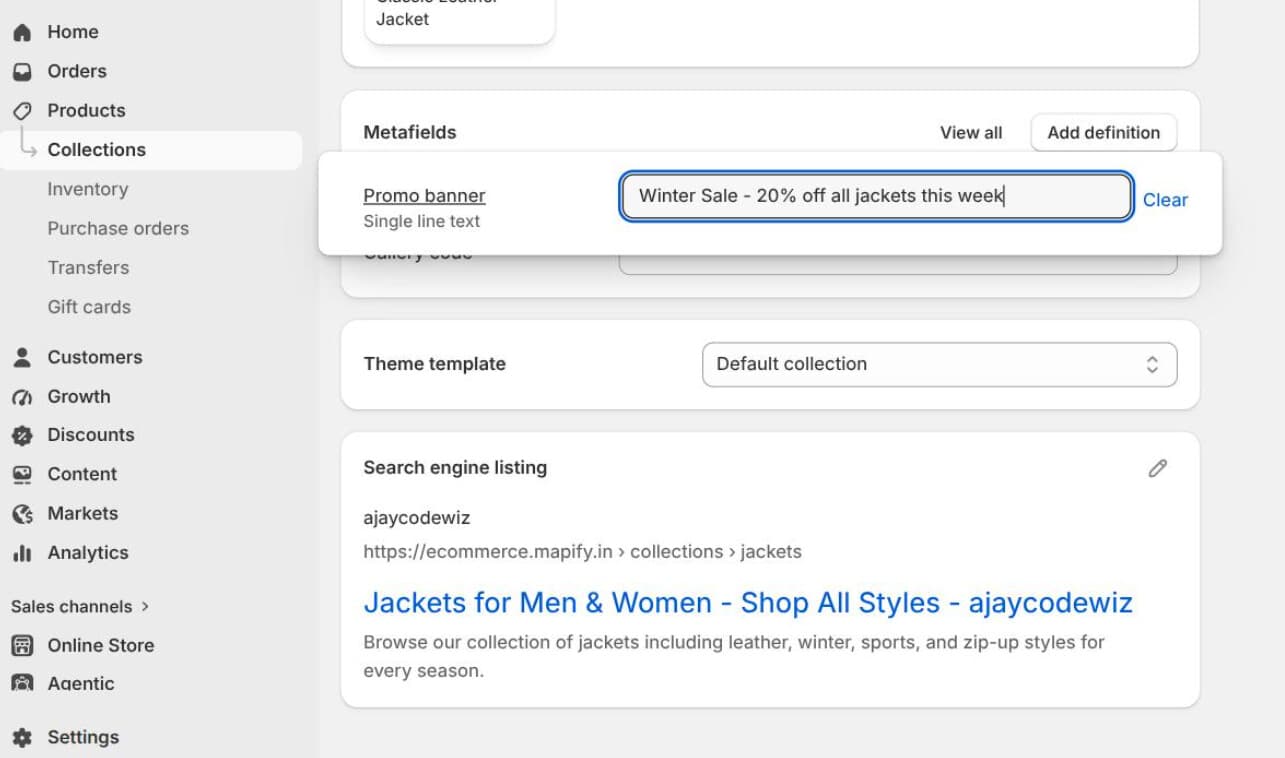 The metafield value filled in and the theme template dropdown