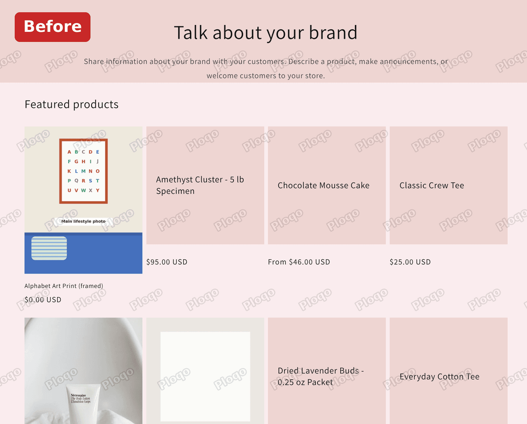 Before: a Rich text section in a darker pink above a Featured products section in a lighter pink