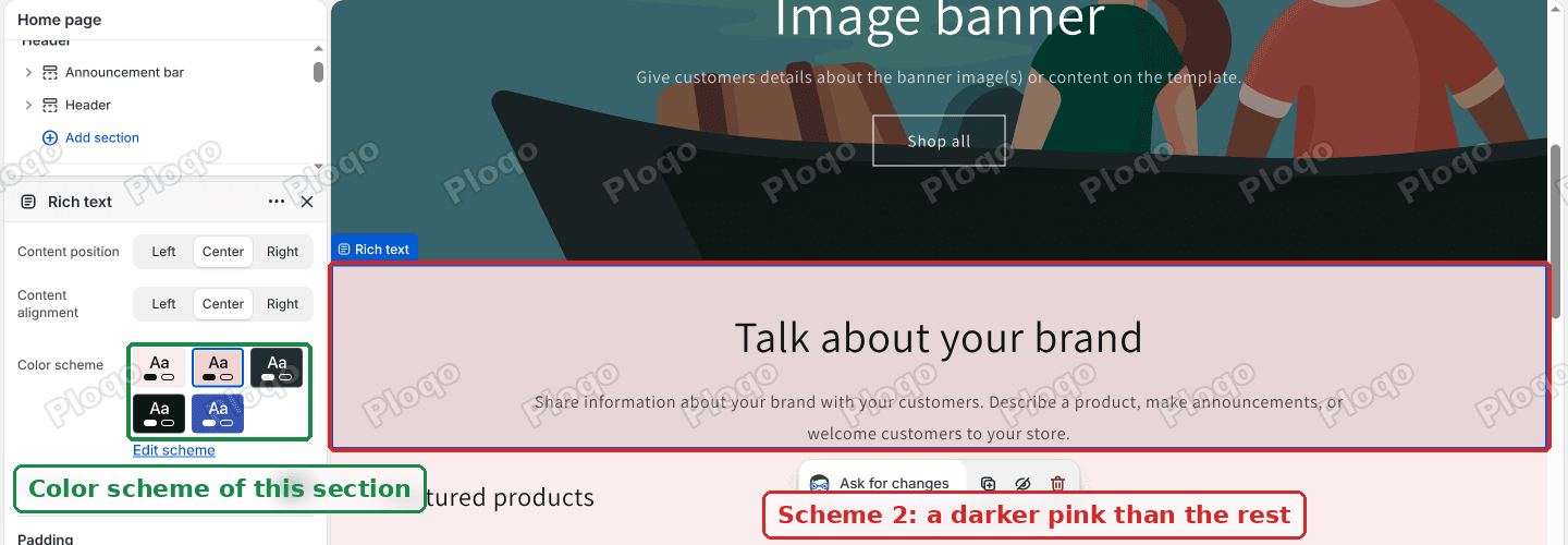 The theme editor with the Rich text section open, its Color scheme picker set to the second tile, and the section shown in a darker pink