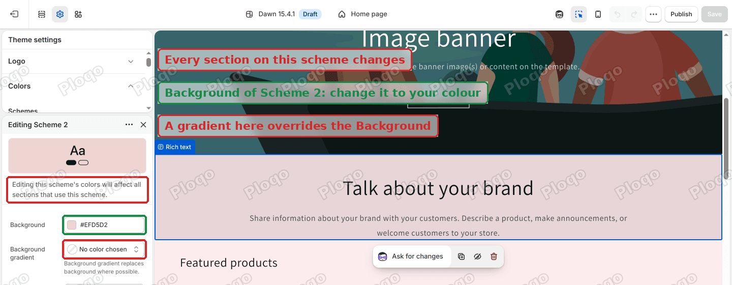 Editing Scheme 2 with the Background box, the Background gradient box and the warning text marked