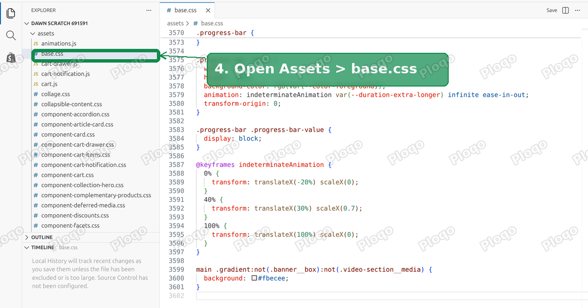 The code editor with the Assets folder open and base.css marked