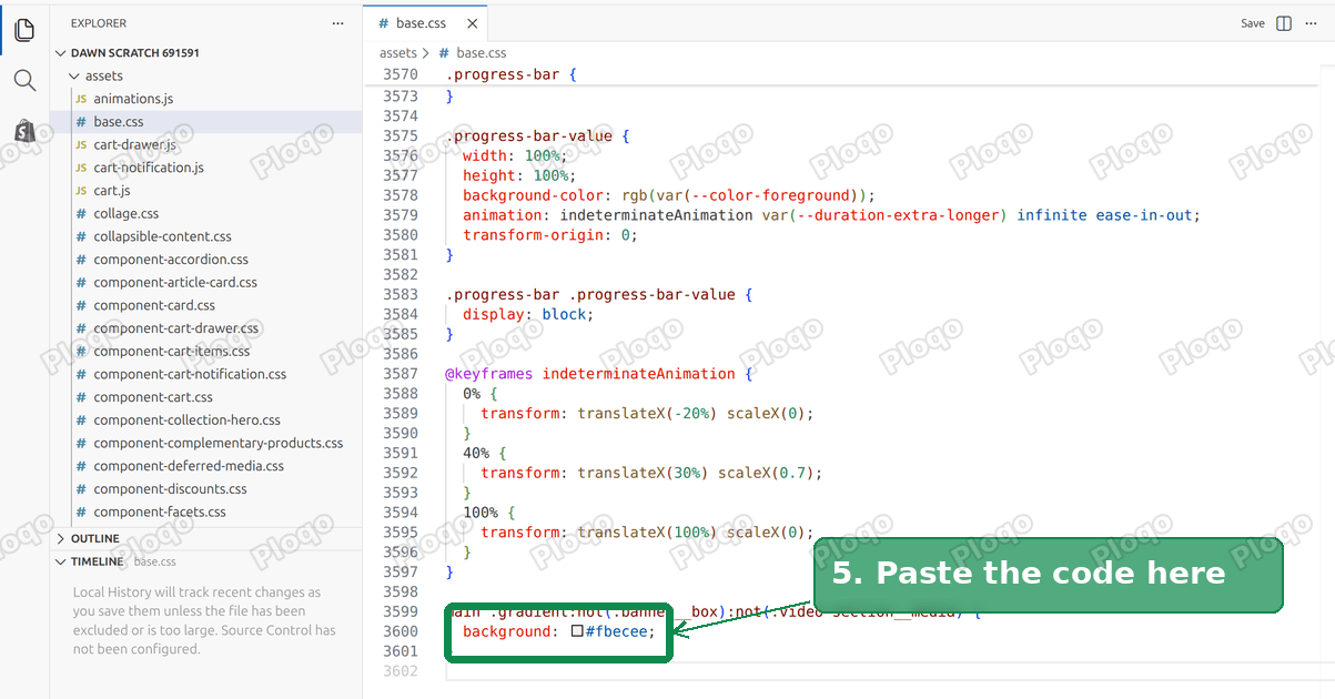 The bottom of base.css with the new code pasted after the last line