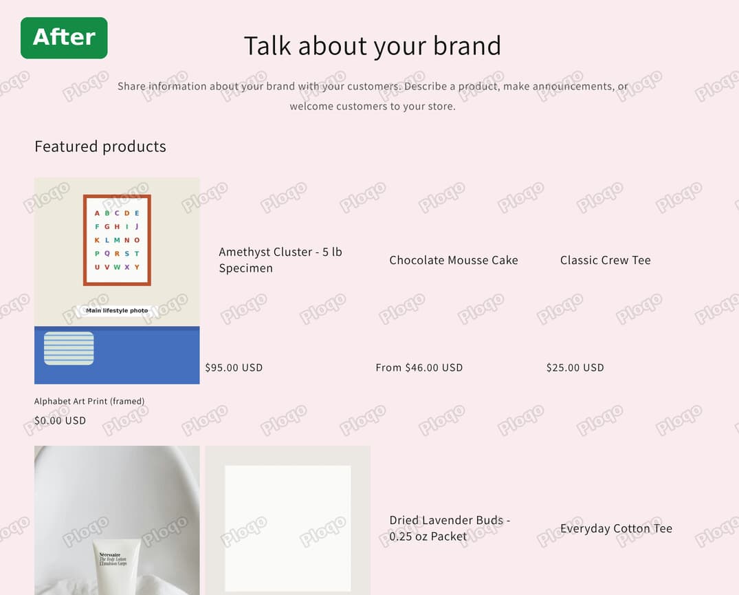 After: the Rich text and Featured products sections in the same light pink