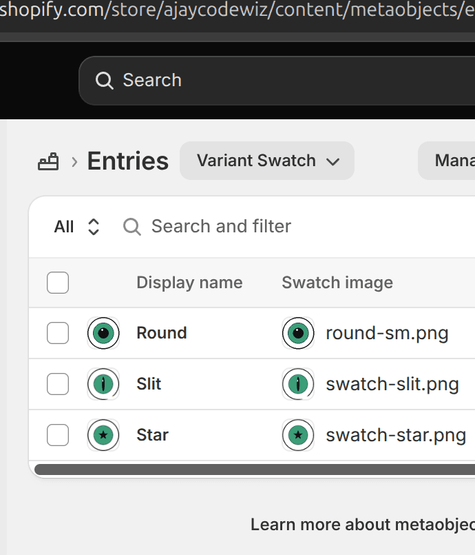 Three metaobject entries, one per option value, each with a swatch image