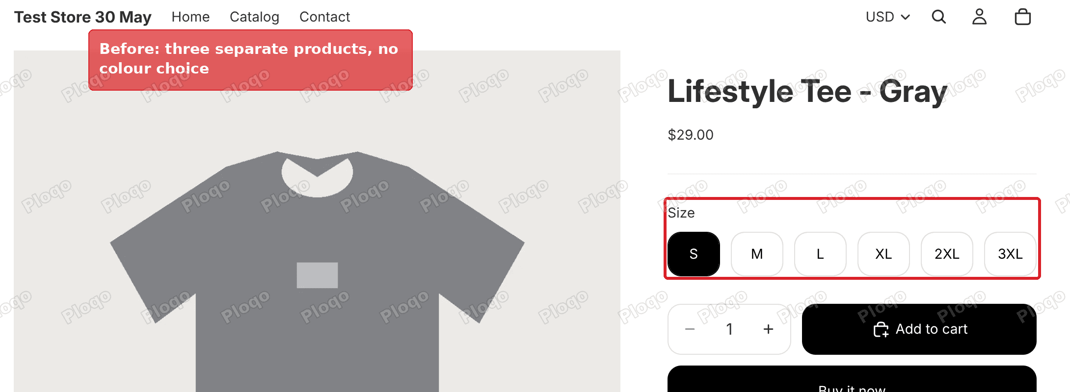 Before: Horizon product page for Lifestyle Tee - Gray with only a size picker