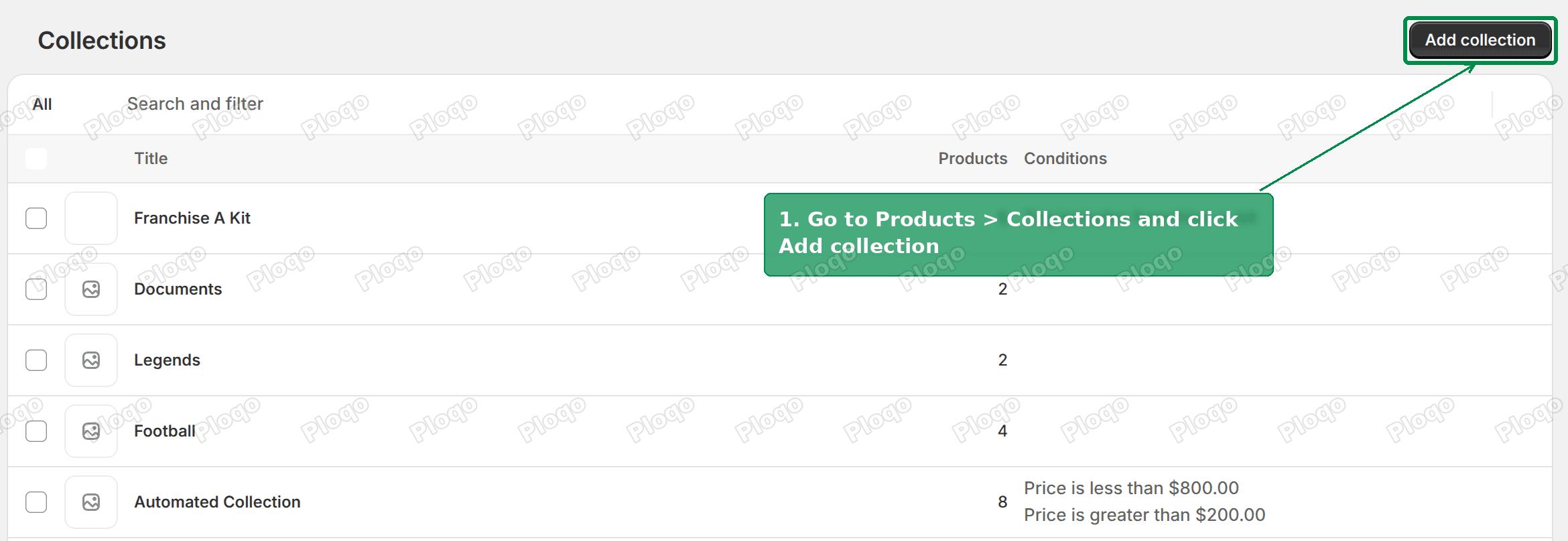 Products > Collections with Add collection highlighted