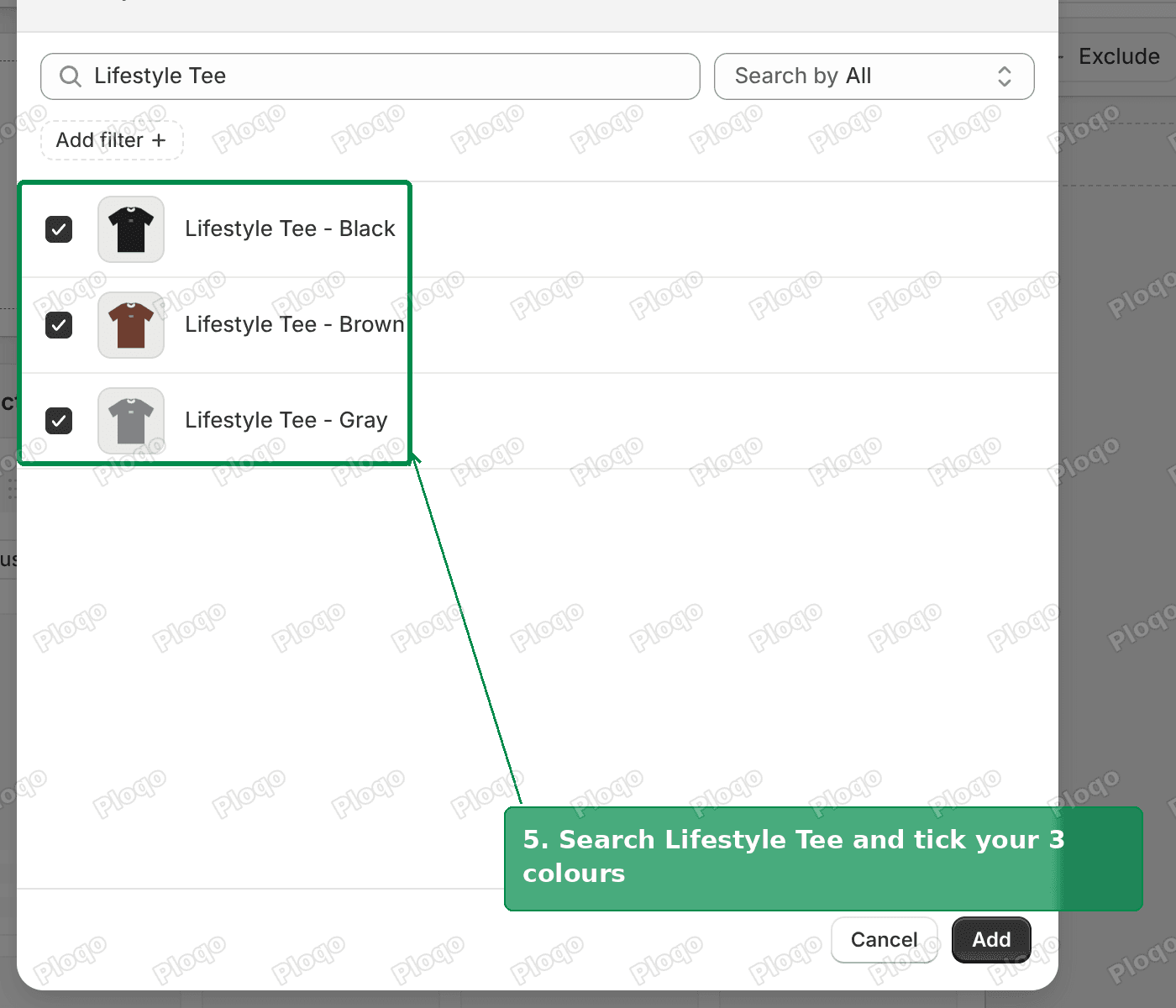 Product picker with the three Lifestyle Tee colours ticked