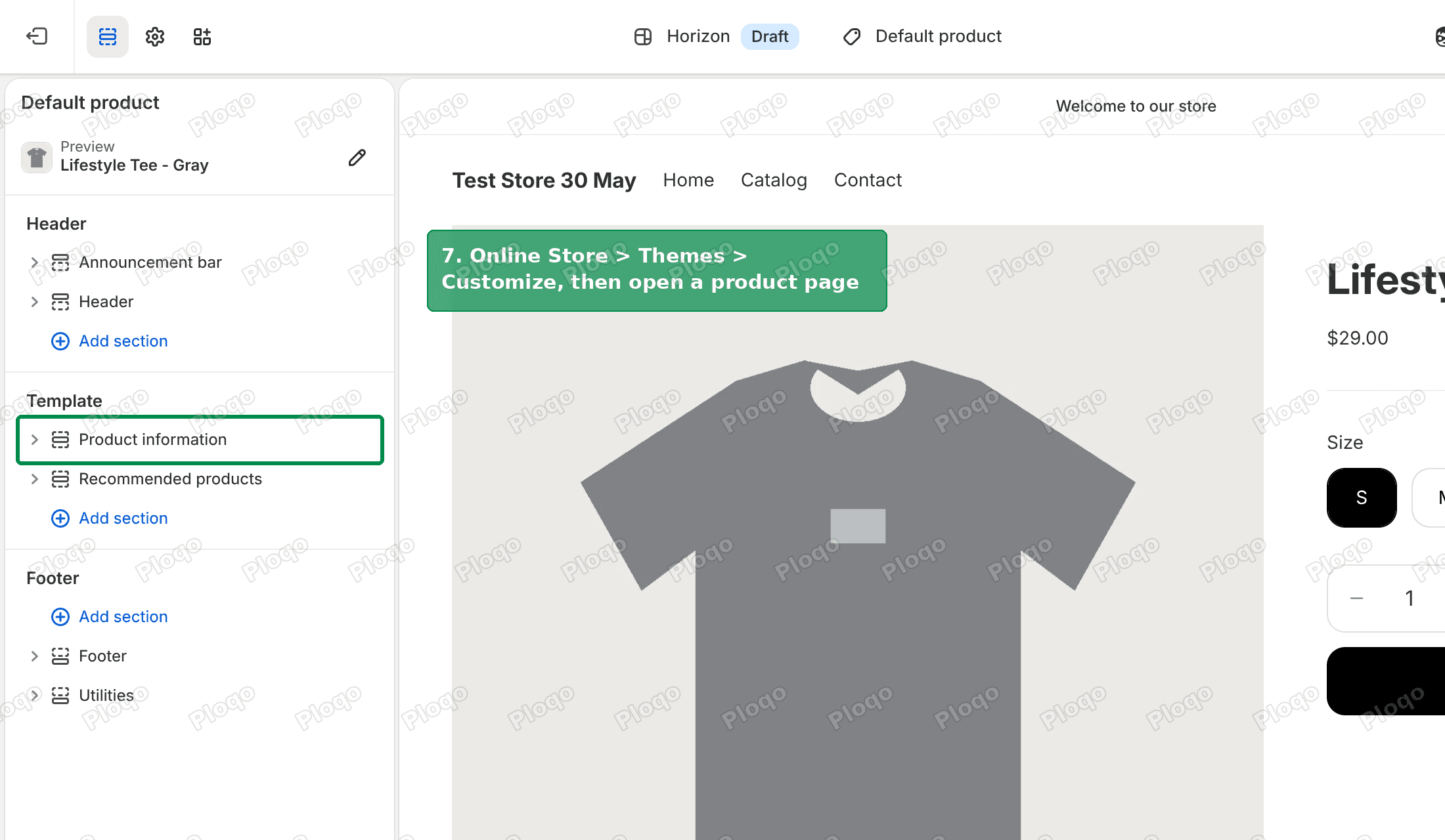Theme editor on a product page with Product information in the sidebar