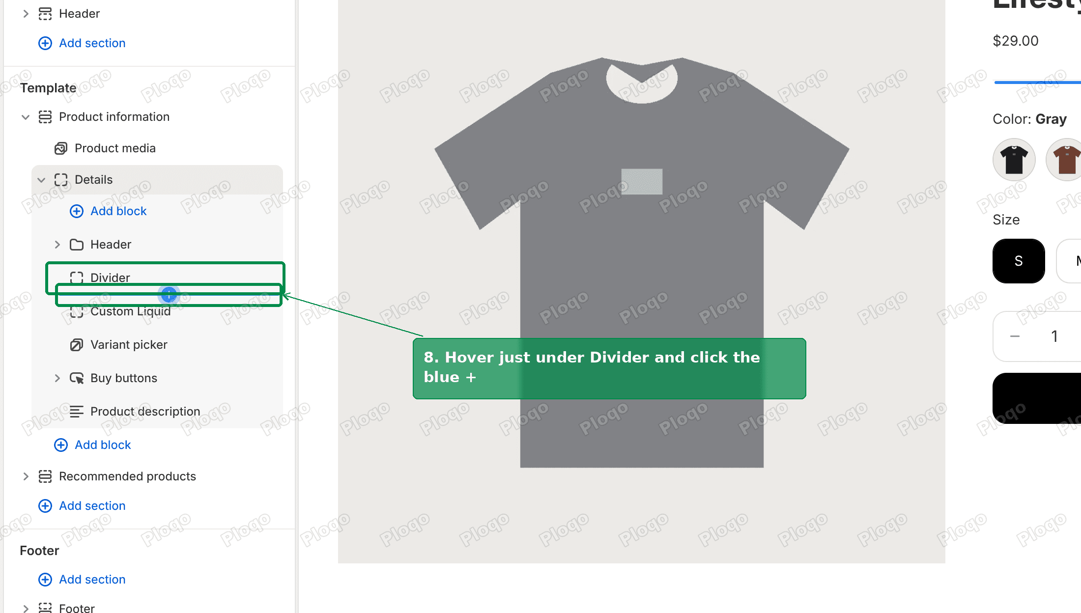 Blue plus insertion line under Divider in the Horizon theme editor