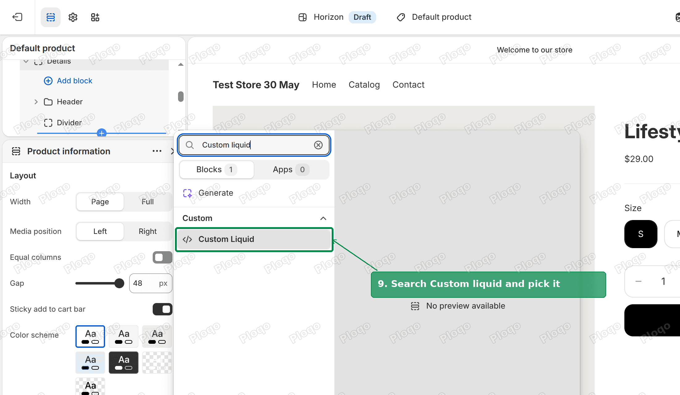 Block picker with Custom Liquid highlighted