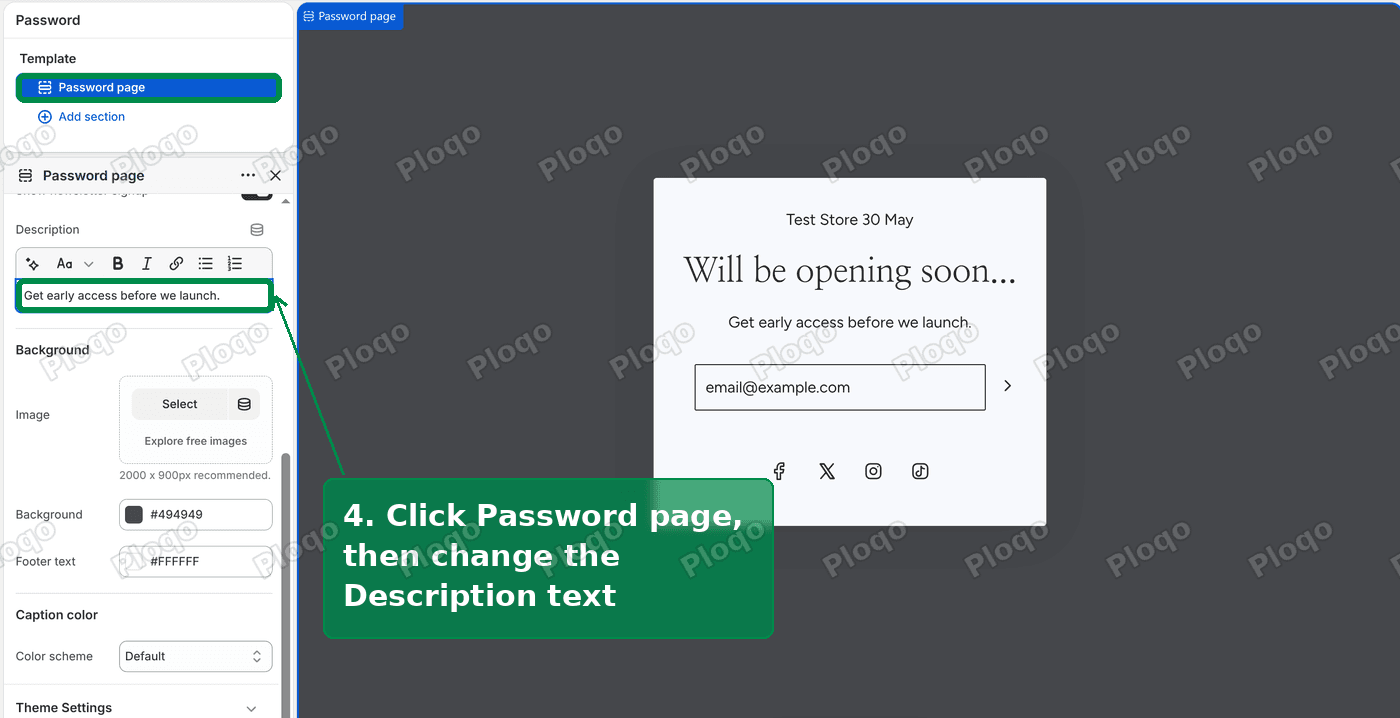 The Password page section settings with the Description field changed to Get early access before we launch