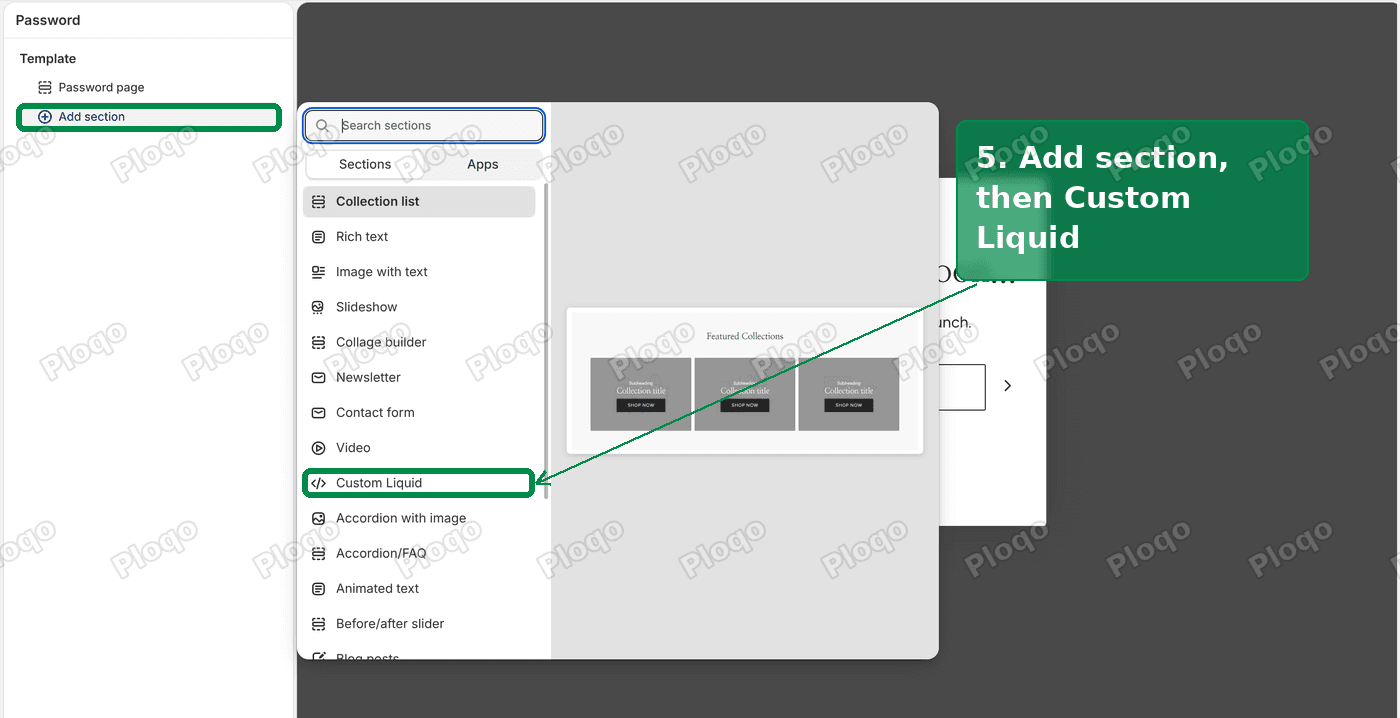 The Add section menu on the password page, with Custom Liquid highlighted