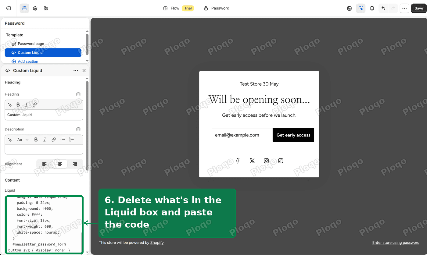The Custom Liquid section with the code pasted into the Liquid box, and the preview showing the new button