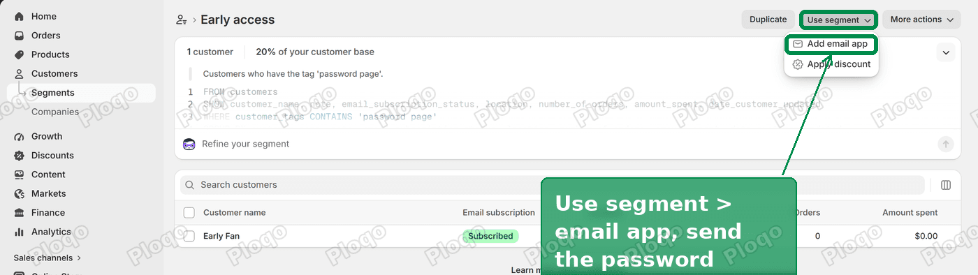 The Use segment menu on the Early access segment, with the email app option