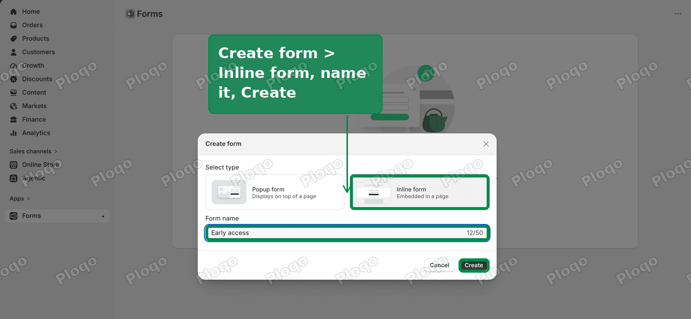 The Shopify Forms Create form window, with Inline form selected and the name Early access