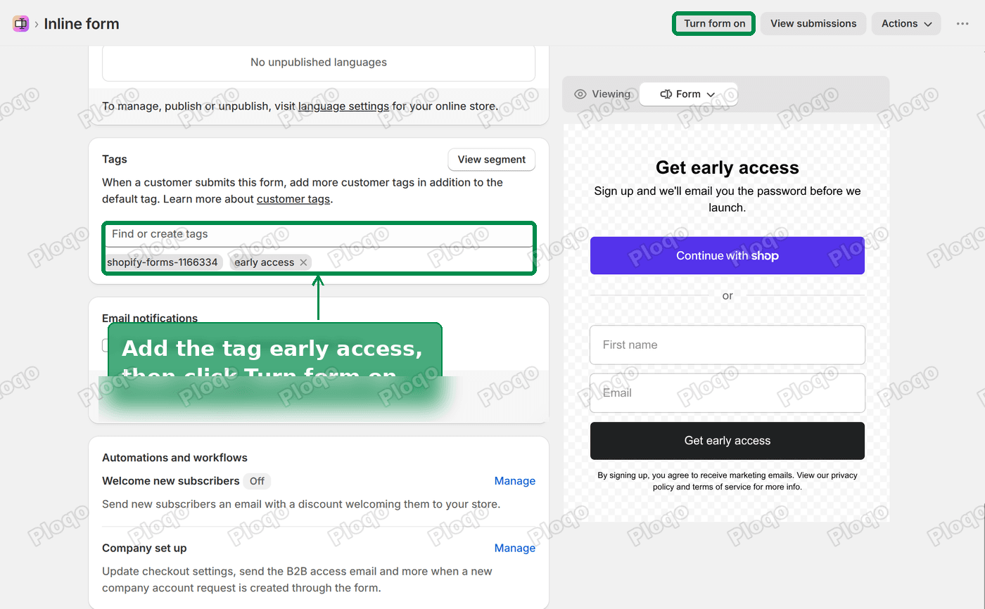 The Tags field in Shopify Forms with early access added, and the Turn form on button