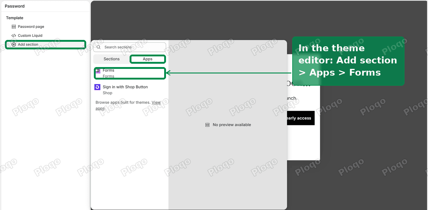 The Add section menu on the password page, on the Apps tab, with Forms highlighted