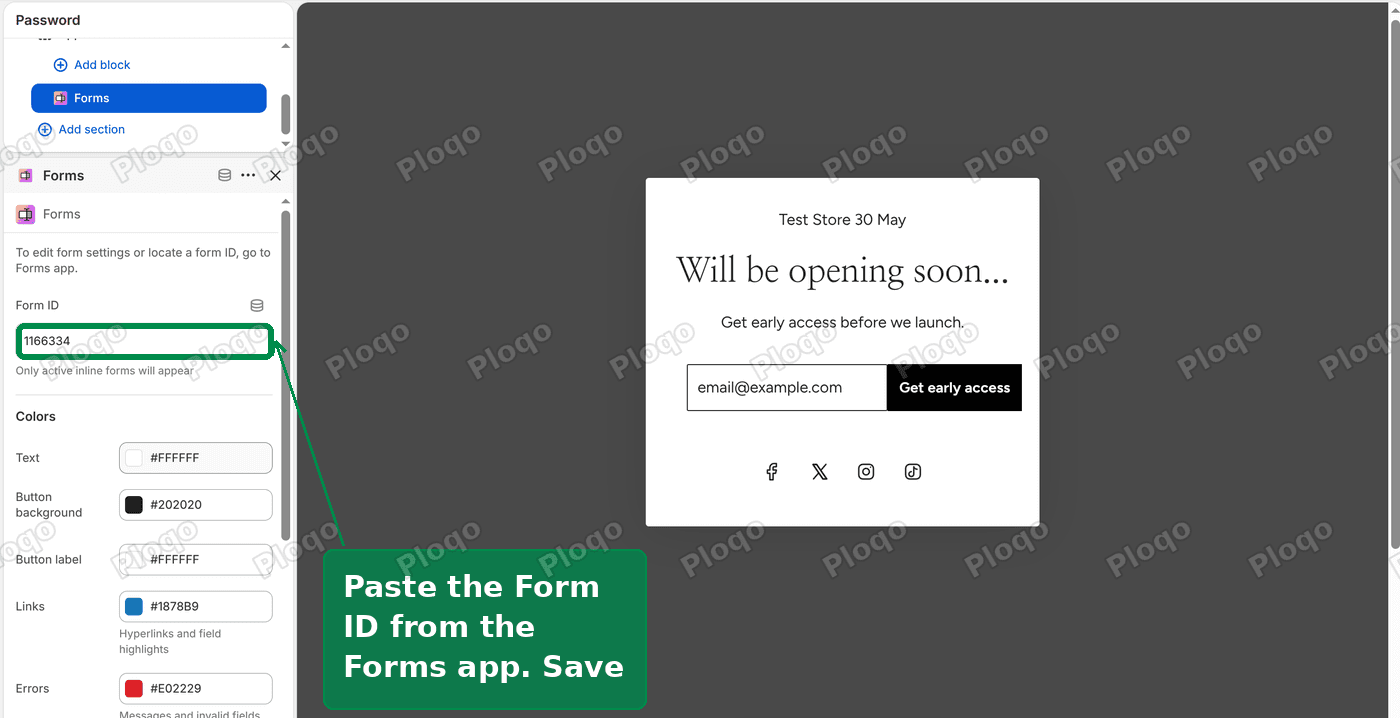The Forms section settings with the Form ID pasted in