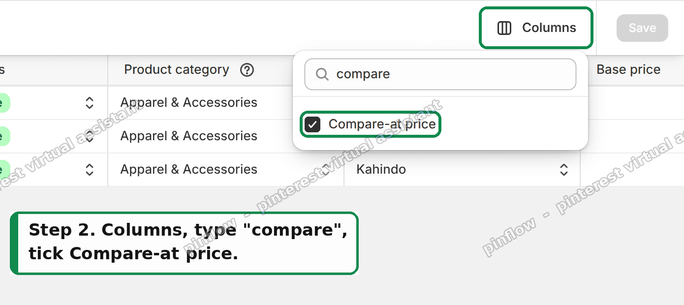 Columns, search compare, tick Compare-at price