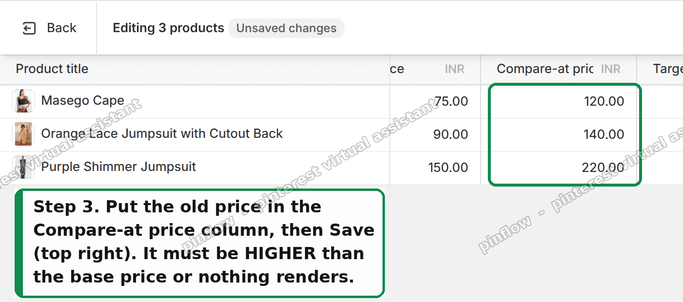Type the old price in the Compare-at price column, then Save