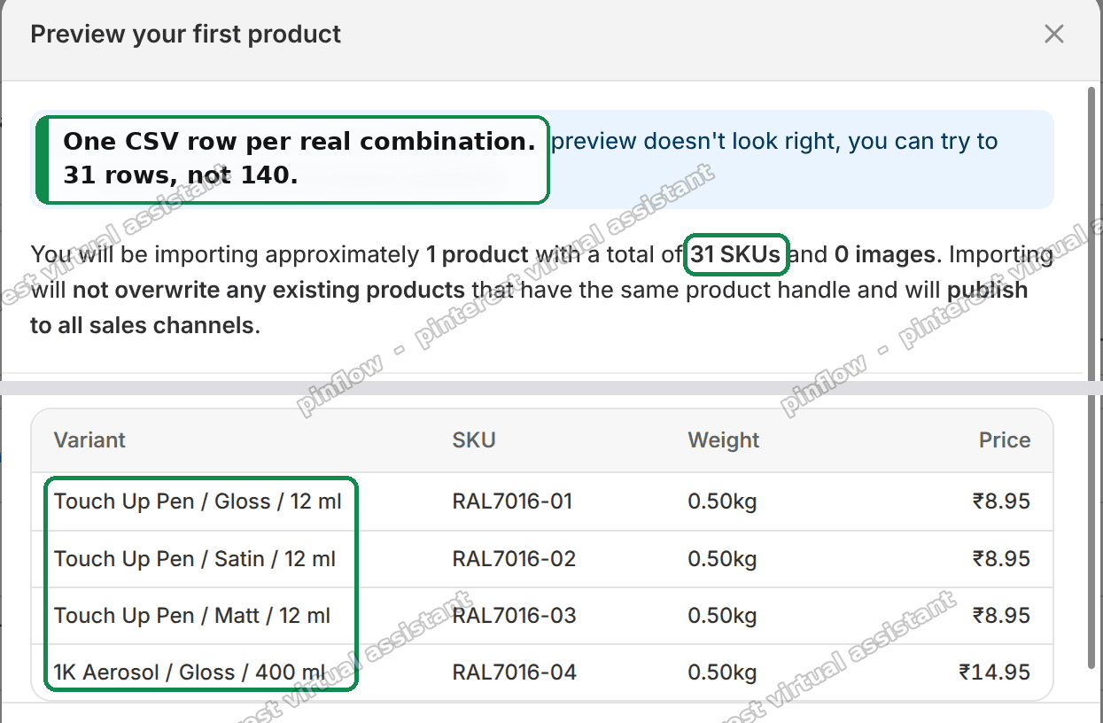 Shopify product CSV import preview - one row per real paint combination, 31 rows not 140