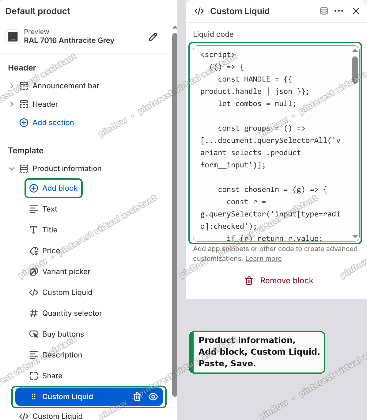Shopify theme editor - adding a Custom Liquid block under Product information on the product page