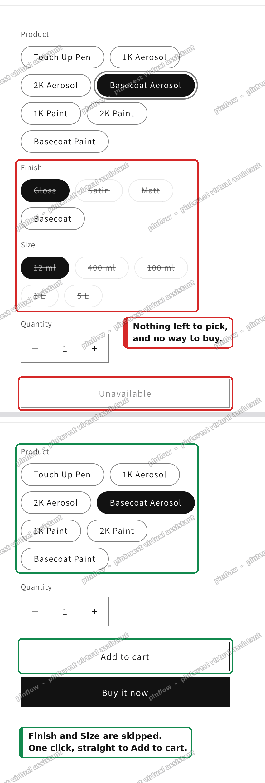 Before and after on the same click - crossed-out options become a clean single path to Add to cart