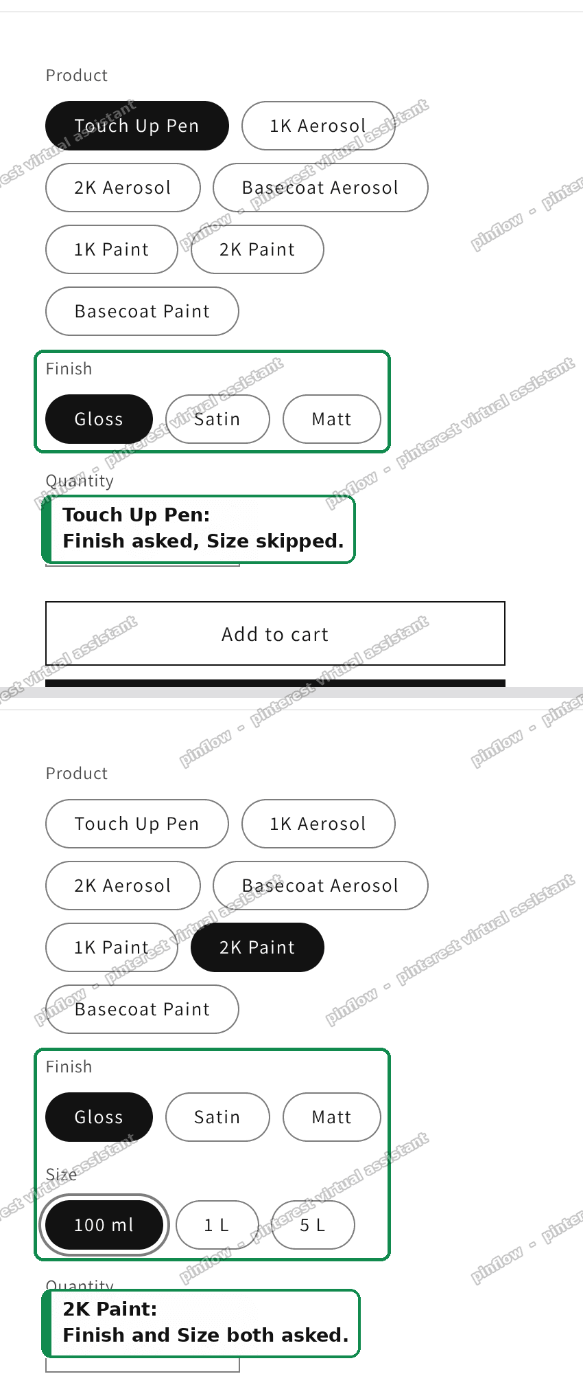Touch Up Pen shows only Finish, while 2K Paint shows both Finish and Size - the same picker cascading differently