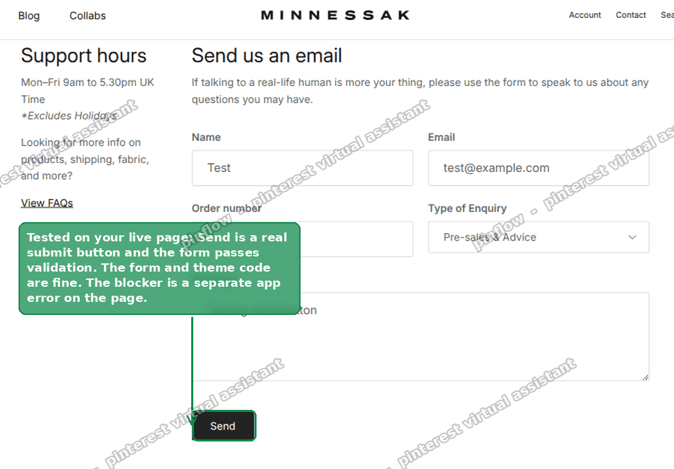The Shopify contact form with a working Send button