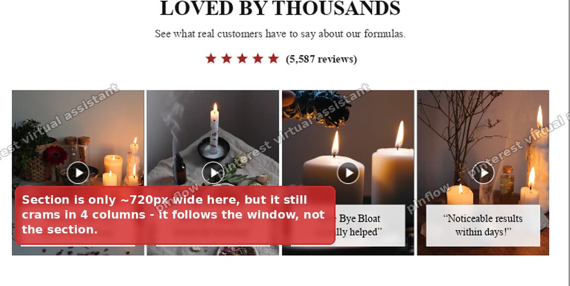 A Shopify video review grid squeezed into four cramped columns at a narrow width