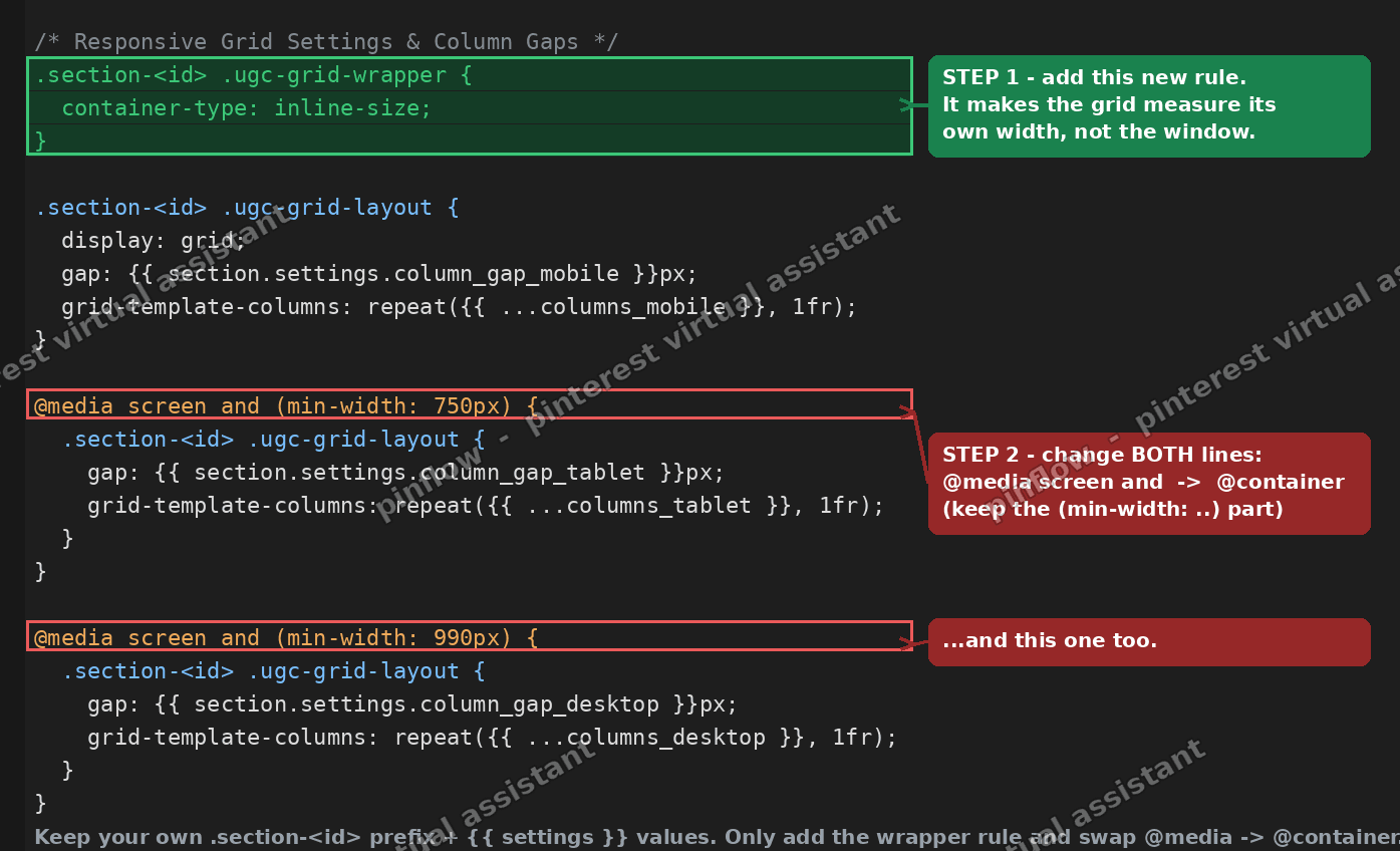 Annotated Shopify section CSS showing where to add the container rule and swap media for container queries