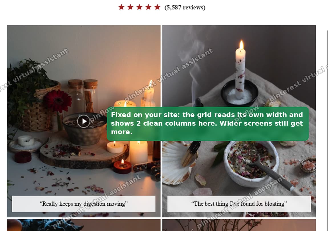 The Shopify video review grid showing two clean columns after switching to container queries