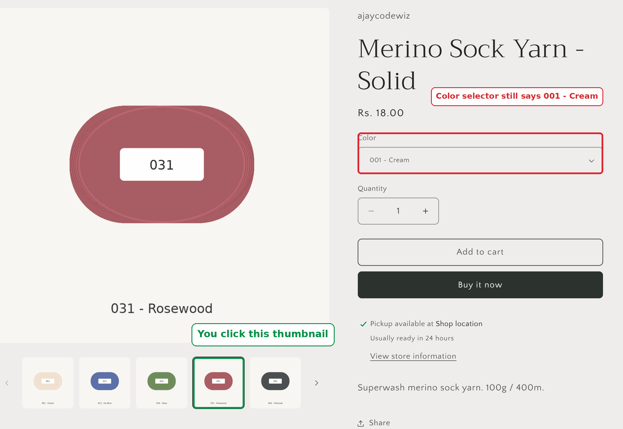 A Craft product page where the Rosewood thumbnail is selected but the Color dropdown still reads 001 - Cream