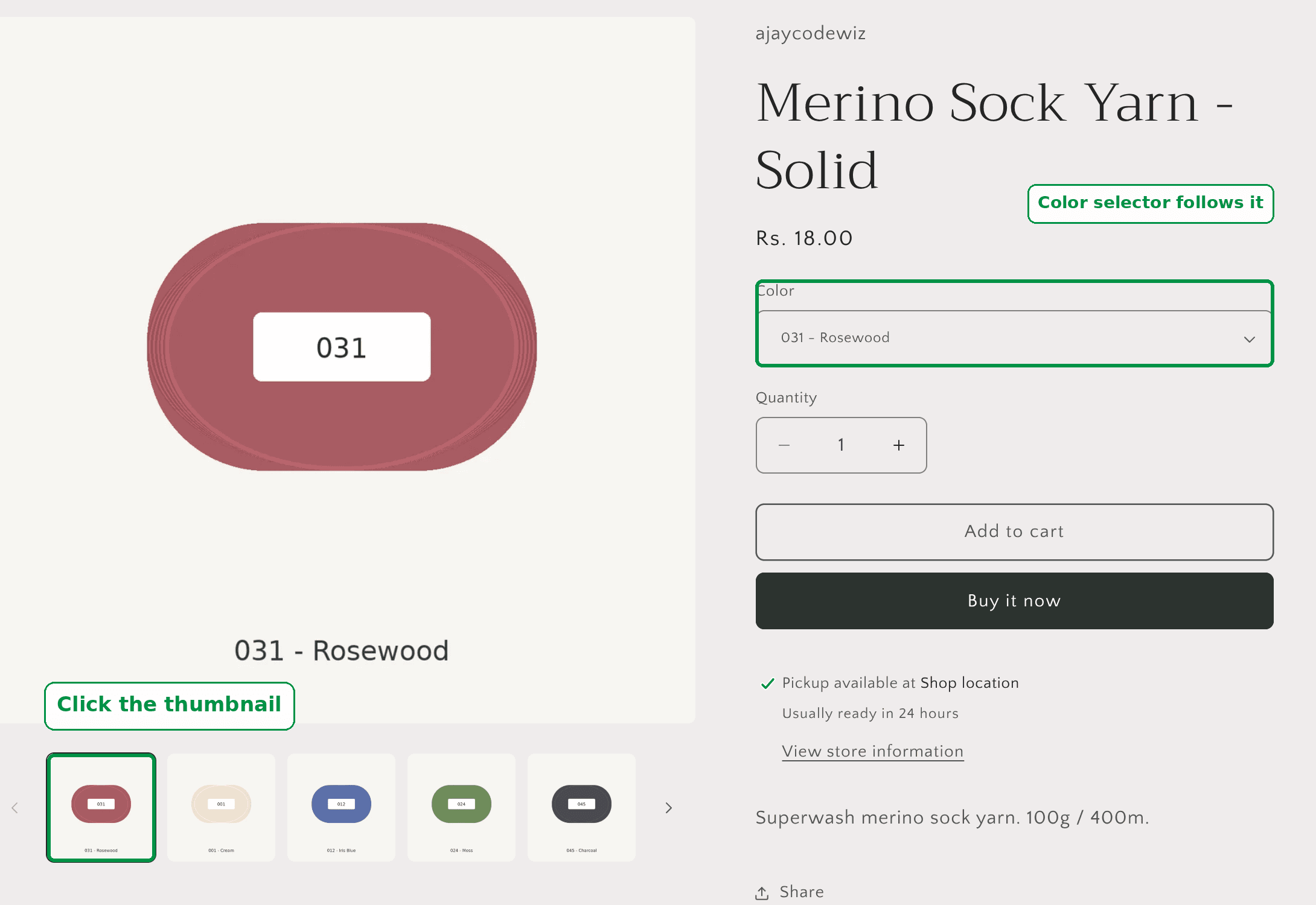 The same Craft product page after the fix, with the Rosewood thumbnail selected and the Color dropdown reading 031 - Rosewood