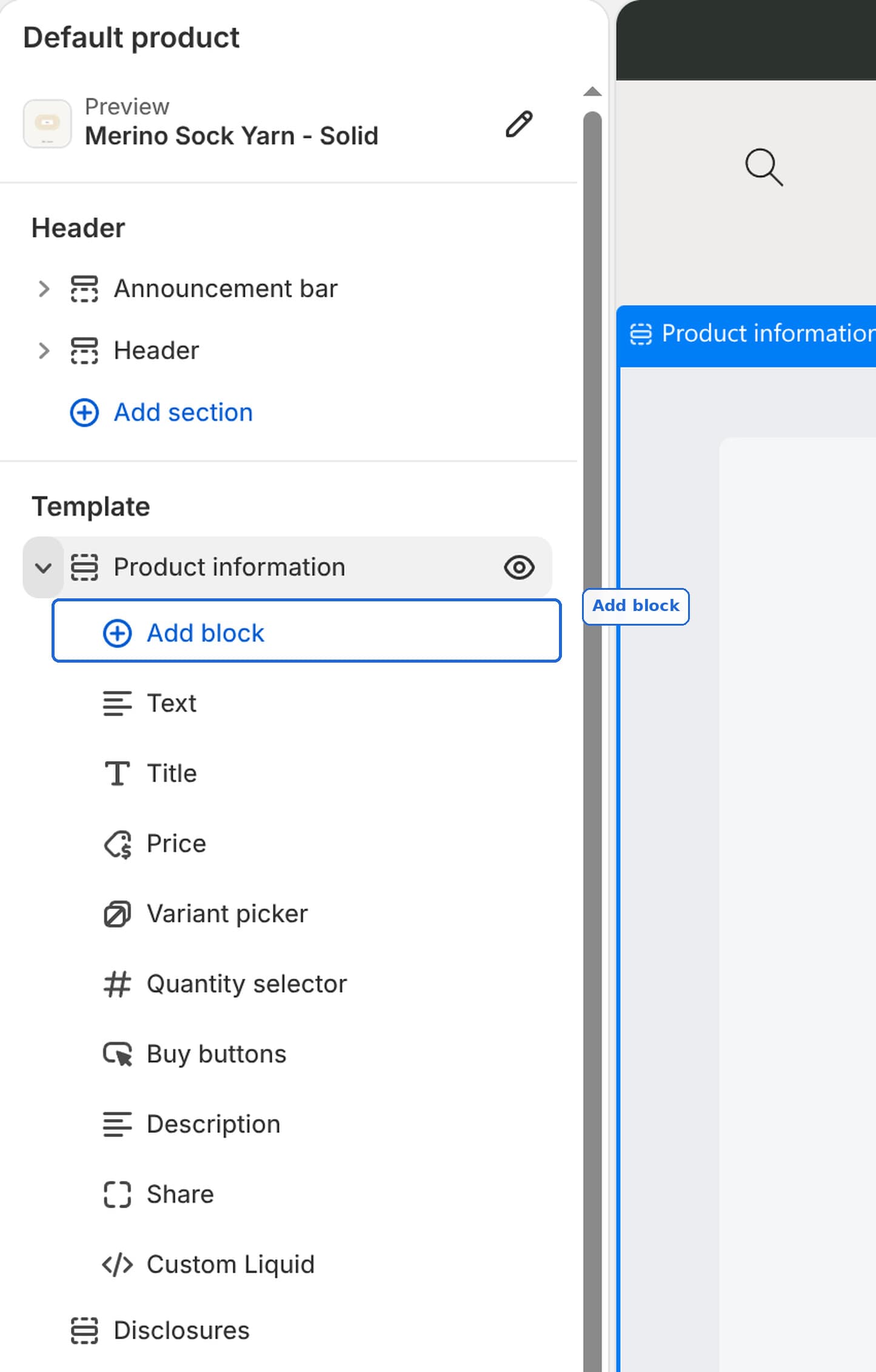 The Craft theme editor sidebar with Product information expanded and Add block highlighted