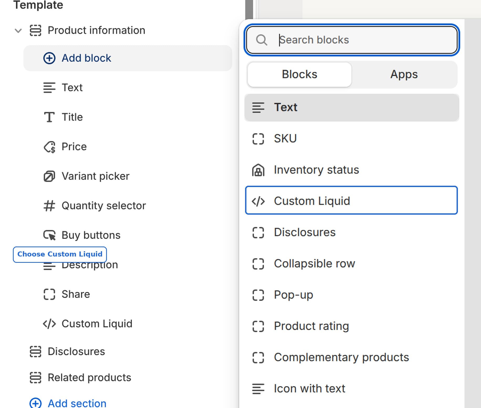 The Add block picker in the Craft theme editor with Custom Liquid highlighted